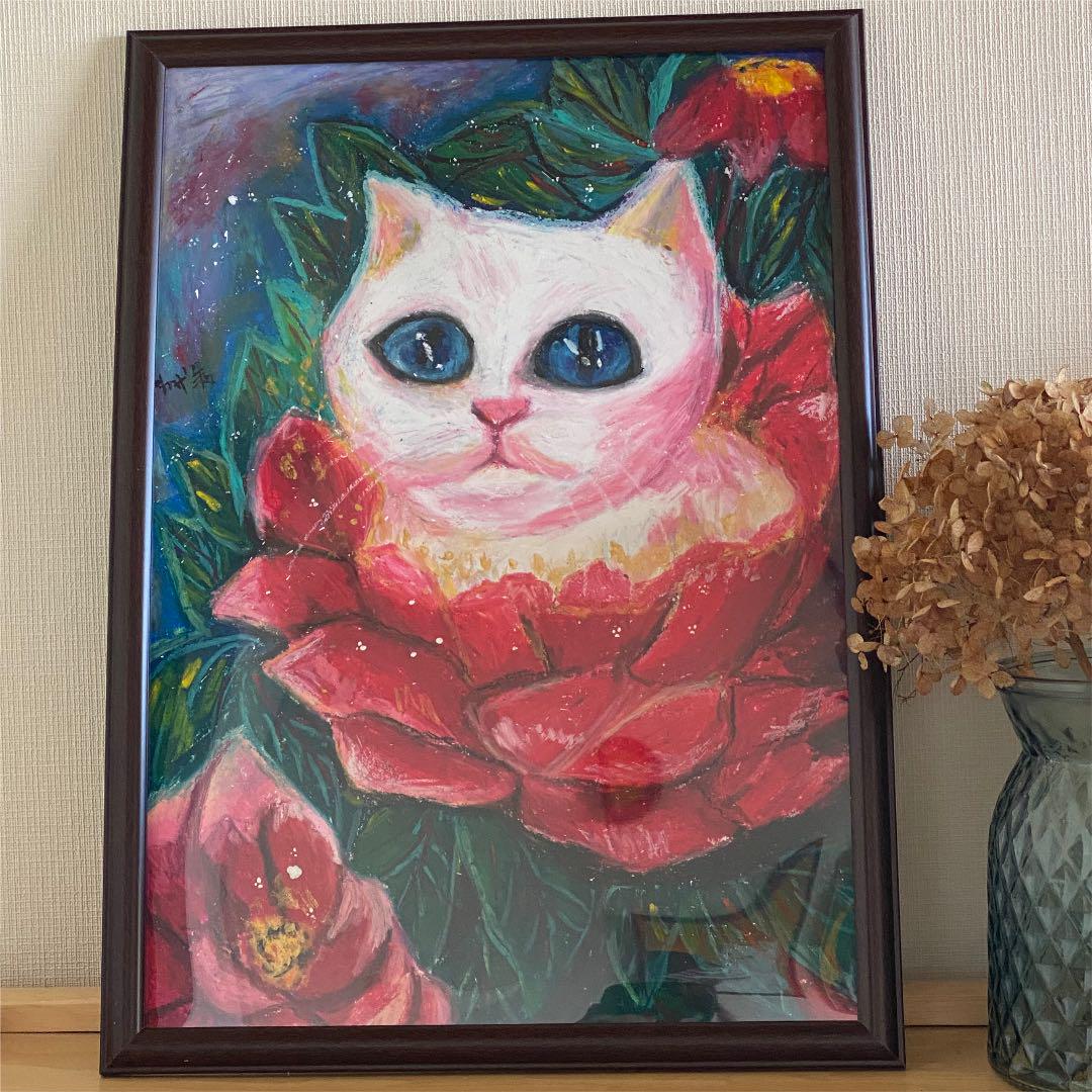 絵画 壁掛け絵【バラの庭で絵を描いている少女と遊んでいるかわいい猫2