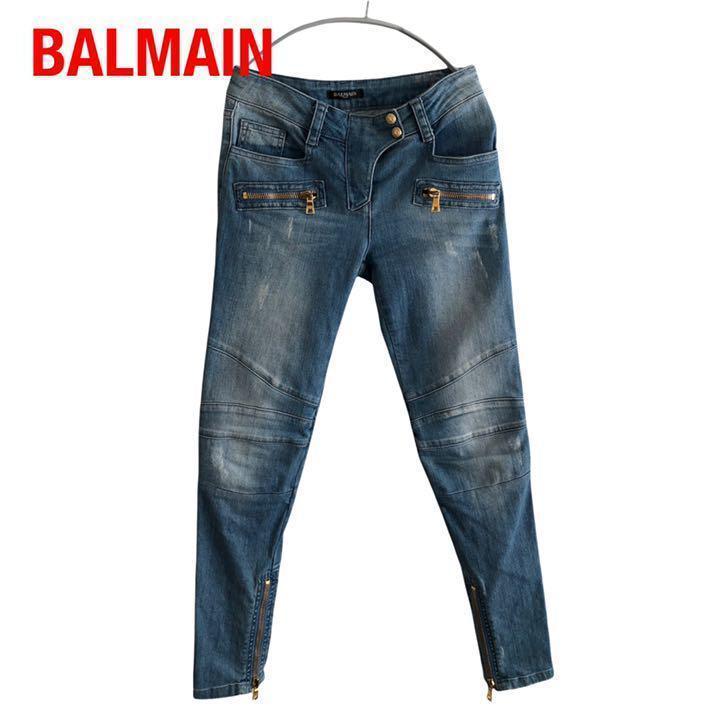 新到着 BALMAIN バイカースキニーデニム W73cm ストレッチ 藍青