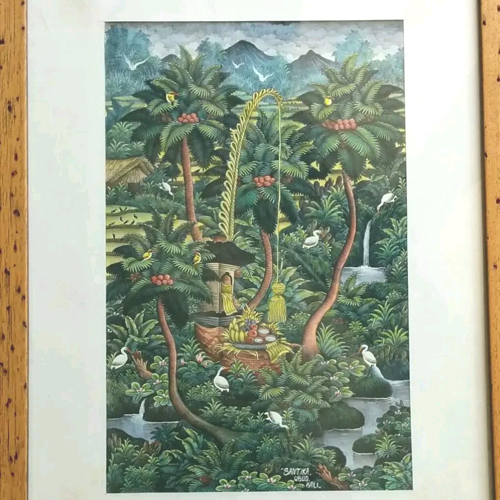 バリ絵画 アーティスト作品 細密風景画 木彫り額付き アジアン雑貨